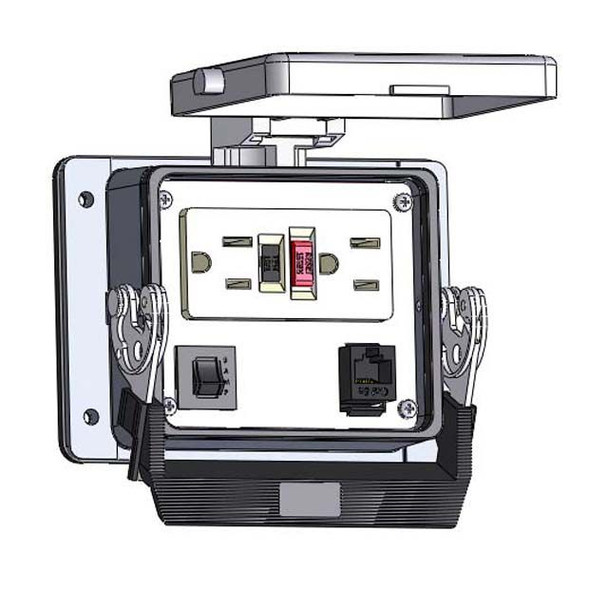 Mencom GF-RJ45-R-32 Panel Interface Connector with GFCI Duplex outlet, RJ45, and a 3amp reset, in a 32 housing | American Cable Assemblies