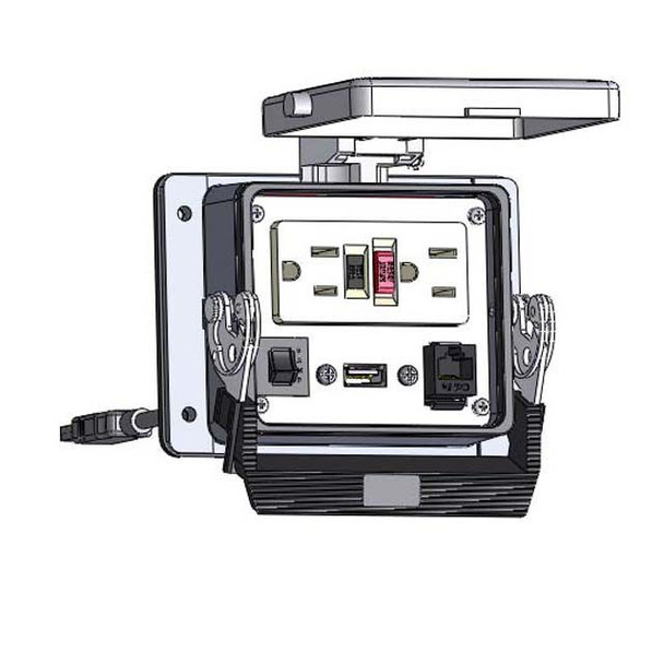 Mencom GF-RJ45-USB-06-R-32 Panel Interface Connector with GFCI Duplex outlet, RJ45, USB-06, and a 3amp reset, in a 32 housing | American Cable Assemblies