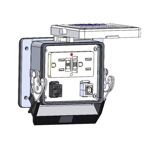 Mencom GF-RJ45-USB-BFAF-32 Panel Interface Connector with GFCI Duplex outlet, RJ45, USB-BFAF, in a 32 housing | American Cable Assemblies