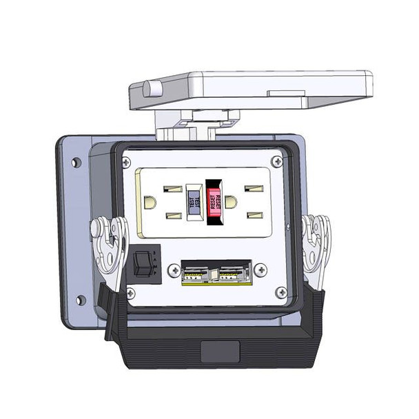 Mencom GF-USB-R-32 Panel Interface Connector with GFCI Duplex outlet, 2 x USB, and a 3amp reset, in a 32 housing | American Cable Assemblies