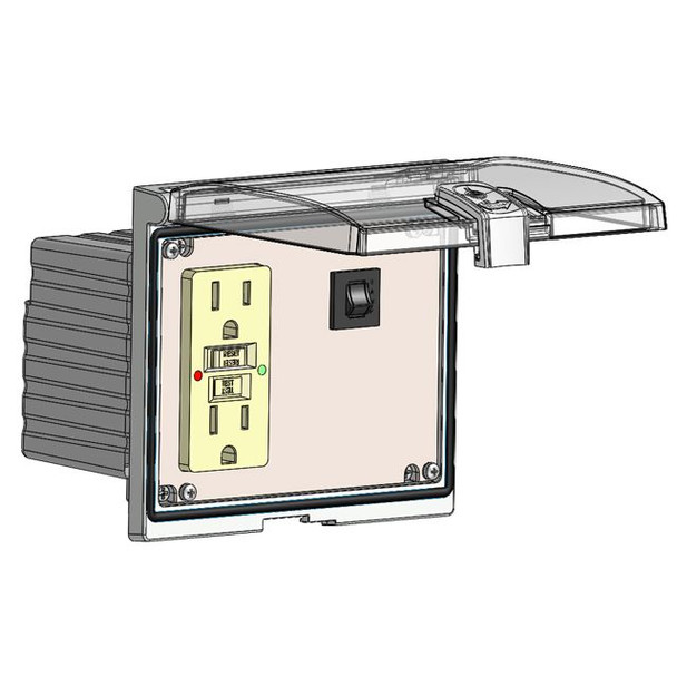 Mencom LP3-GF-R Low Profile Panel Interface Connector with GFCI Duplex outlet, and a 3amp reset, in a Double Cover | American Cable Assemblies