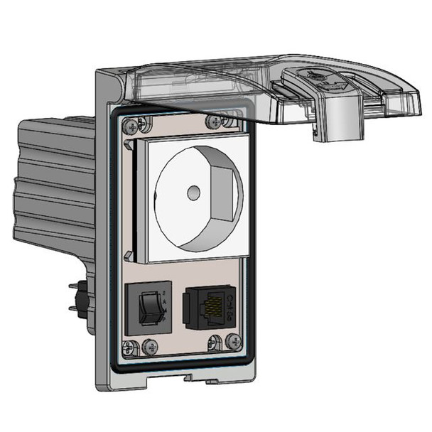 Mencom LP1-EP-RJ45-R Low Profile Panel Interface Connector with Continental European outlet, RJ45, a 3amp reset in a Single Cover Housing | American Cable Assemblies