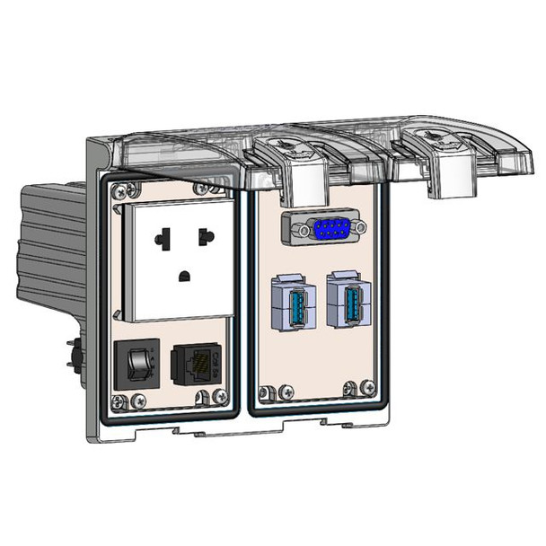 Mencom LP2-DBR-DB9-RJ45-2USB-AFAF-R Low Profile Panel Interface Connector with Brazilian outlet, DB9, RJ45, (2) USB-AFAF, a 3amp reset in a Two-Single Cover Housing | American Cable Assemblies
