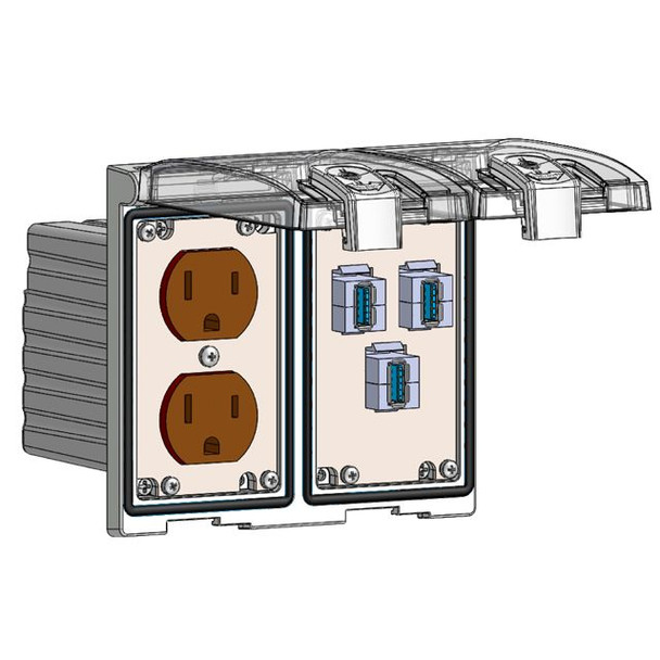 Mencom LP2-DP-3USB-AFAF Low Profile Panel Interface Connector with Duplex outlet, (3) USB-AFAF in a Two-Single Cover Housing | American Cable Assemblies
