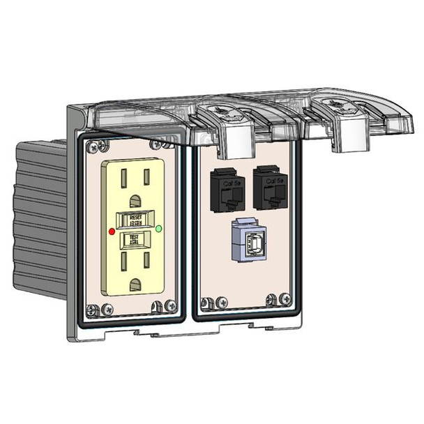 Mencom LP2-GF-2RJ45-USB-BFAF Low Profile Panel Interface Connector with GFCI outlet, (2) RJ45, USB-BFAF in a Two-Single Cover Housing | American Cable Assemblies
