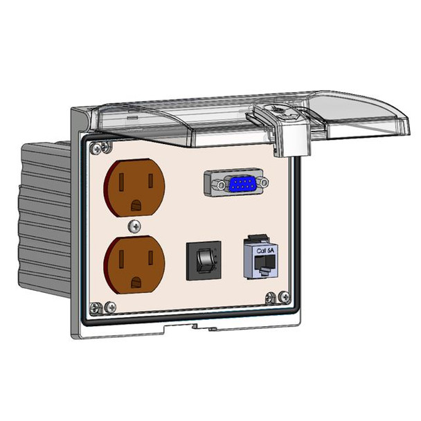 Mencom LP3-DP-DB9F-RJ45S-R Low Profile Panel Interface Connector with Duplex outlet, DB9F, Shielded RJ45, a 3amp reset in a Double Cover Housing | American Cable Assemblies
