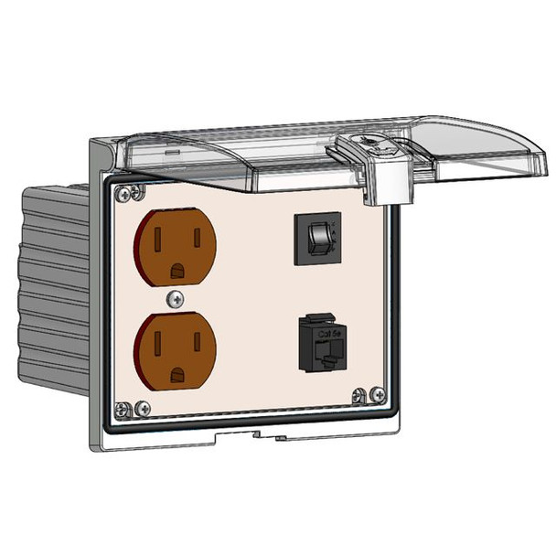 Mencom LP3-DP-RJ45-R Low Profile Panel Interface Connector with Duplex outlet, RJ45, a 3amp reset in a Double Cover Housing | American Cable Assemblies