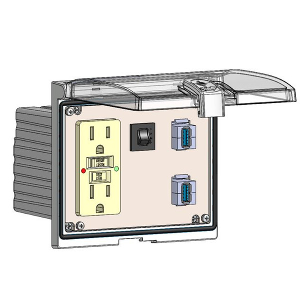 Mencom LP3-GF-2USB-AFAF-R Low Profile Panel Interface Connector with GFCI outlet, (2) USB-AFAF, a 3amp reset in a Double Cover Housing | American Cable Assemblies
