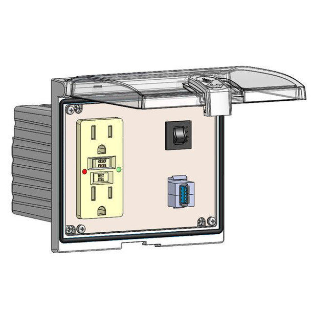 Mencom LP3-GF-USB-AFAF-R Low Profile Panel Interface Connector with GFCI outlet, USB-AFAF, a 3amp reset in a Double Cover Housing | American Cable Assemblies