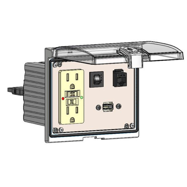 Mencom LP3-GF-RJ45-USB-10-R Low Profile Panel Interface Connector with GFCI outlet, RJ45, form A USB with 10' Cable, a 3amp reset in a Double Cover Housing | American Cable Assemblies