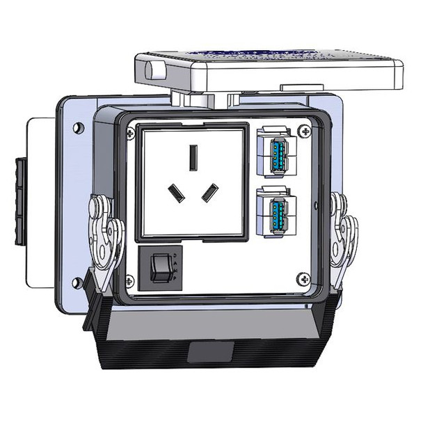 Mencom DAS10-2USB-AFAF-R-32 Panel Interface Connector with Australian outlet (10A), 2 x USB Style A female to Style A female, 3amp reset , in a 32 housing | American Cable Assemblies