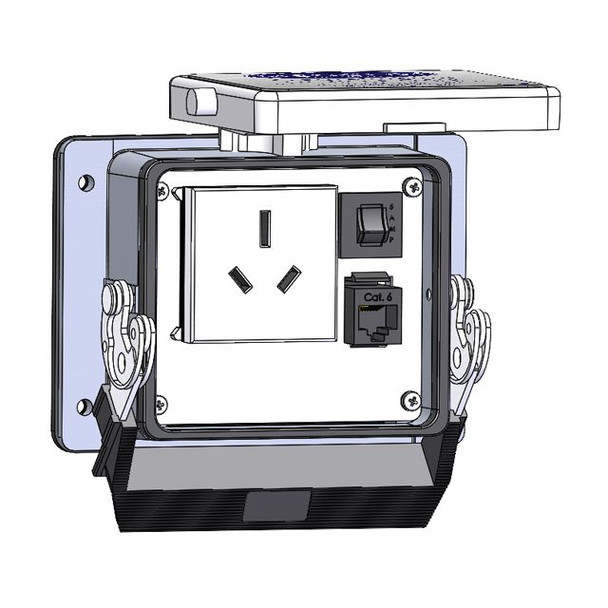 Mencom DAS-RJ45-5R-32 Panel Interface Connector with Australian outlet, RJ45, 5amp reset, in a 32 housing | American Cable Assemblies