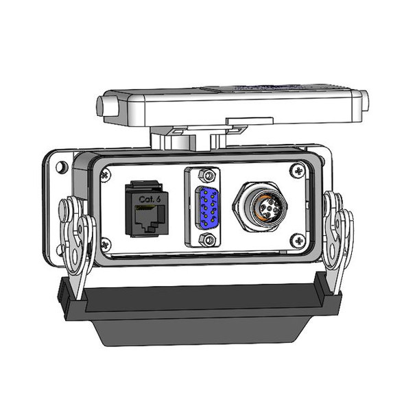 Mencom DB09-M12F3-RJ45-16 Panel Interface Connector with, 9 pin D-Sub, MDC 3 pole Female Receptacle, and RJ45, in a 16 housing | American Cable Assemblies