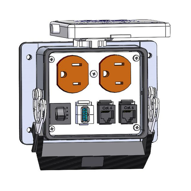 Mencom DP-2RJ45-USB-AFAF-R-32 Panel Interface Connector with Duplex outlet, (2) RJ45, USB 3.0 form A female to form A female, and a 3amp reset, in a 32 housing | American Cable Assemblies