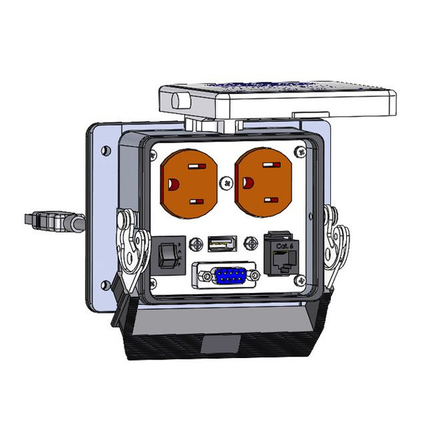 Mencom DP-DB9-RJ45-USB-03-R-32 Panel Interface Connector with Duplex outlet, DB9, RJ45, form A USB with 3' Cable, and a 3amp reset, in a 32 housing | American Cable Assemblies