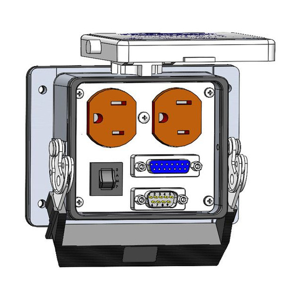 Mencom DP-MDB9-DB15-R-32 Panel Interface Connector with Duplex outlet,  9 pin D-sub Male to Female, 15 Pin D-Sub, and a 3amp reset, in a 32 housing | American Cable Assemblies