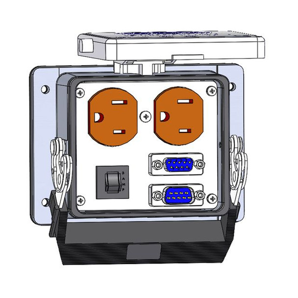 Mencom DP-DB9-DB9M-R-32 Panel Interface Connector with Duplex outlet, DB9, and DB9M, and a 3amp reset, in a 32 housing | American Cable Assemblies