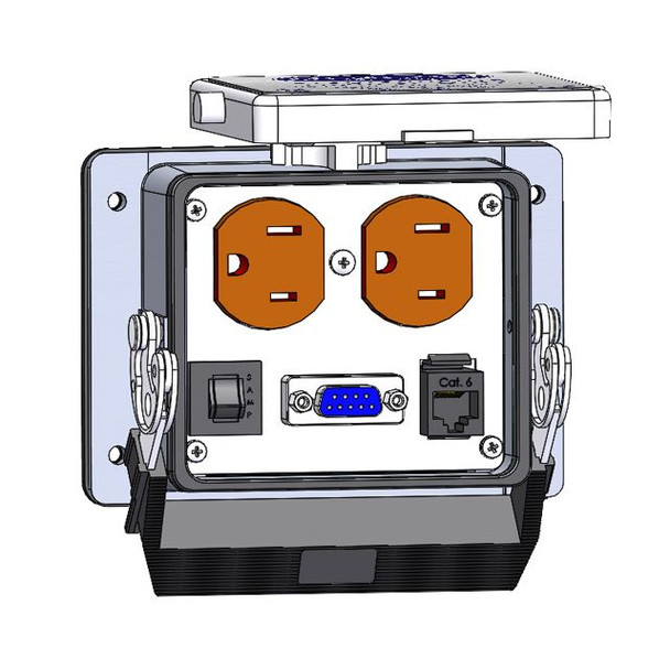 Mencom DP-DB9F-RJ45-R-32 Panel Interface Connector with Duplex outlet, 9 pin D-Sub Female to Female, RJ45, and a 3amp reset, in a 32 housing | American Cable Assemblies