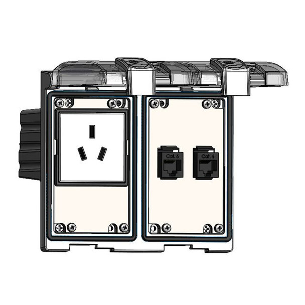 Mencom LP2-DCH1-2RJ45 Low Profile Panel Interface Connector with China 10amp outlet, (2) RJ45 in a Two-Single Cover Housing | American Cable Assemblies