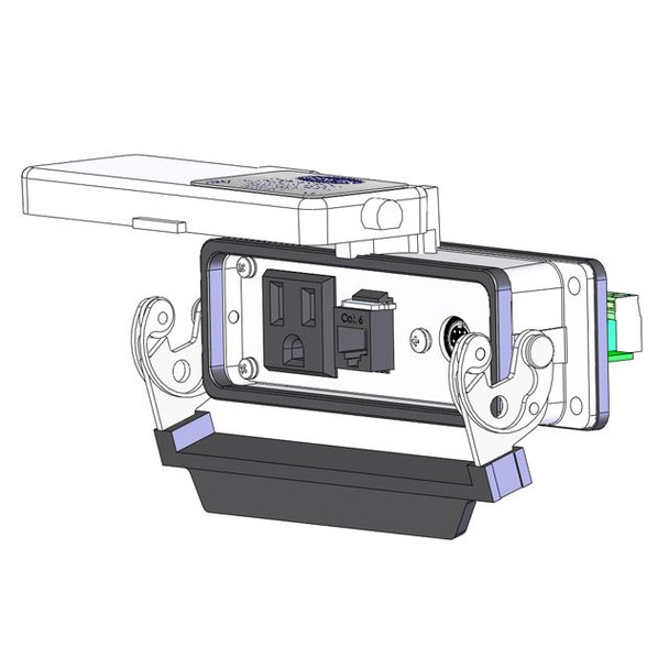 Mencom DHDP1-8M-RJ45-24 Panel Interface Connector with Simplex outlet, 8 pin mini din connected to a 3 pin Blue hose connection for Data Highway, and RJ45, in a 24LS housing | American Cable Assemblies