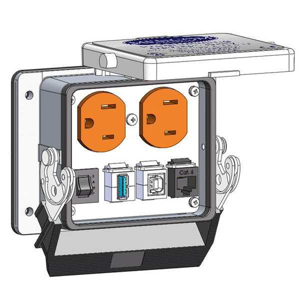 Mencom DP-RJ45-USB-BFAF-USB-AFBF-R-32 Panel Interface Connector with Duplex outlet, RJ45 and, Form B USB to form A USB, Form A USB to form B USB, and a 3amp reset, in a 32 housing | American Cable Assemblies