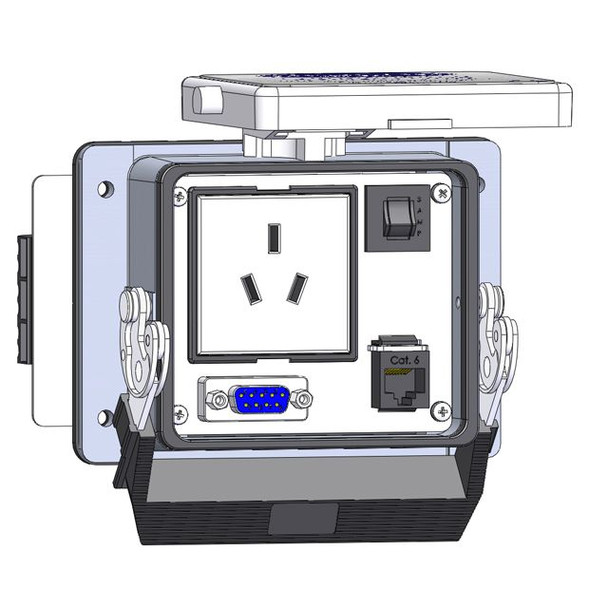 Mencom DCH1-DB9-RJ45-R-32 Panel Interface Connector with China 10amp outlet, DB9, RJ45, and a 3amp reset, in a 32 housing | American Cable Assemblies