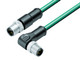 Binder 77-4529-4527-34704-0100 M12-D Connecting cable male cable connector - male angled connector, Contacts: 4, shielded, moulded on the cable, IP67, Ethernet CAT5e, TPE, blue green, 2 x 2 x AWG 24, 1 m | American Cable Assemblies