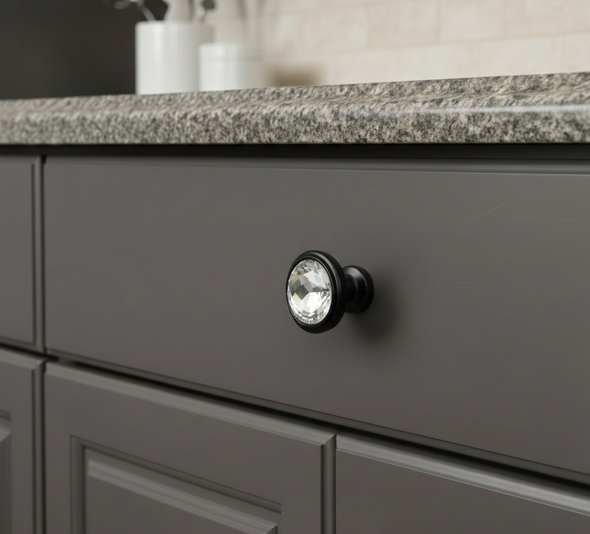 Cosmas 5317FB-C Flat Black & Clear Glass Round Cabinet Knob