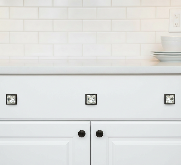 Cosmas 5883FB-C Flat Black & Clear Glass Square Cabinet Knob