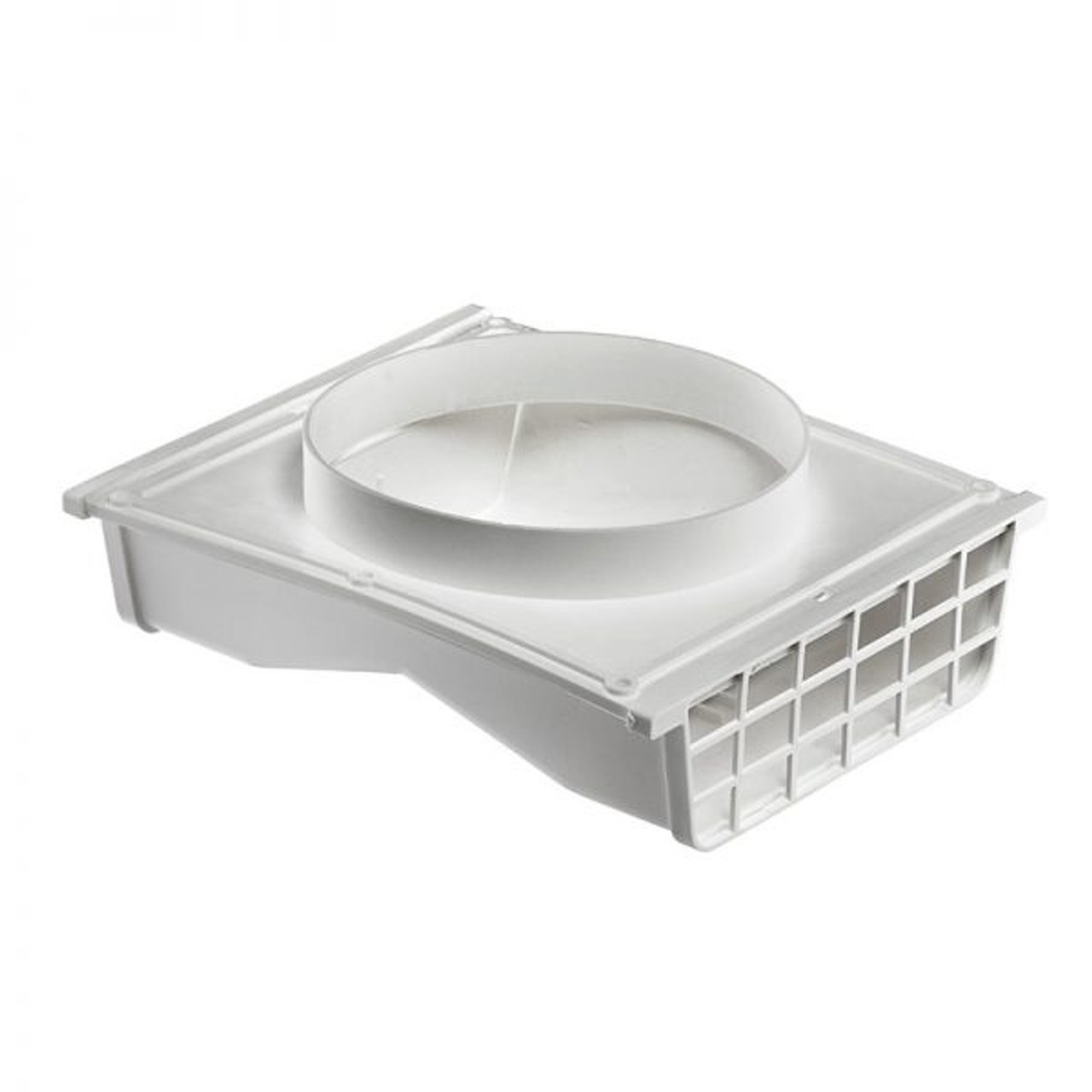 4, White, Polypropylene Molded Plastic, Under Eave, Sheet Metal Exhaust  Vent W/Back Draft Damper and Connecting Ring