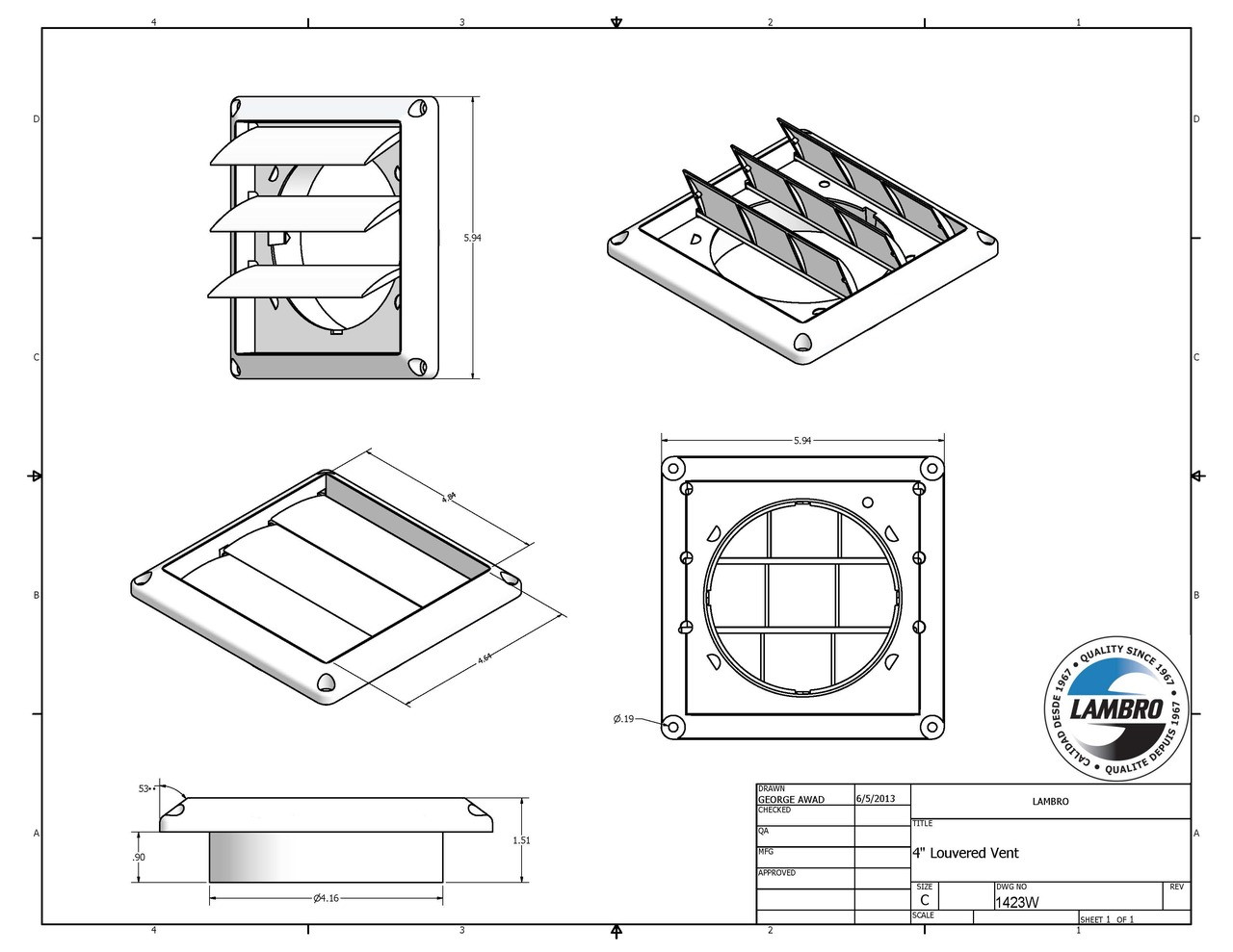 4" Brown Plastic Louver Vent  (Price Per Piece).  Item#  1423B