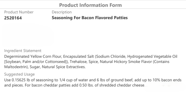 Seasoning for Bacon Flavored Patties