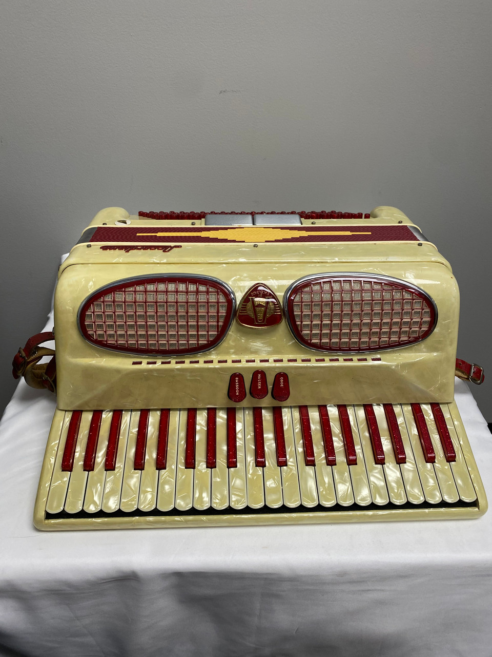Used EXCELSIOR 306 RED/CREAM PIANO ACCORDION Accordion