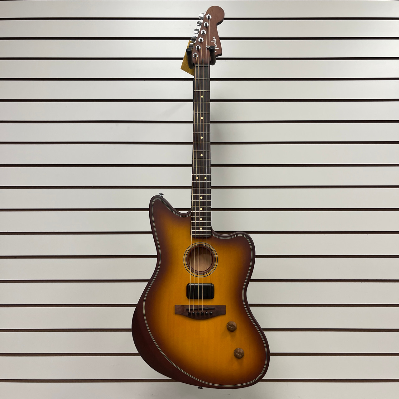 tobacco burst jazzmaster Guitar Style Body with Wenge Wood Neck which allows you to shift your sound between acoustic or electric when plugged into an amplifier or PA system Fender American Acoustasonic Jazzmaster Tobacco