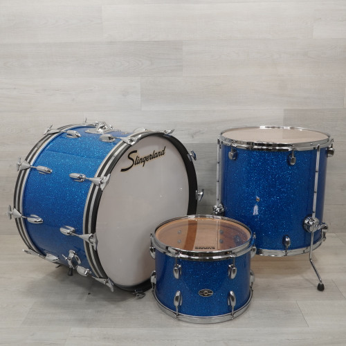 Used Slingerland 3pc Blue Sparkle W/ Natal Floor Tom Drum Shell Kit Blue 40015-S000327422
