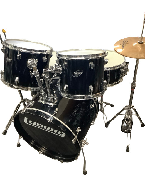 Used Ludwig ACCENT 5 PC COMPLETE Drum Shells and Hardware Black 22" Kick Drum 40083-S000153071