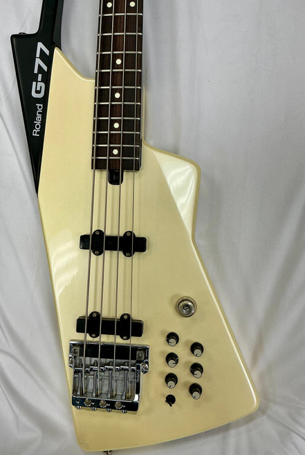 Vist Large View of Product Image Which is Used Roland G-77 Bass Guitar White 4-String with matching synth and case
