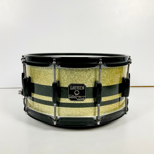 Vist Large View of Product Image Which is Used Gretsch 6 x 14 Catalina Club Black and Gold Sparkle Wood Snare Drum with Stand and Rolling Case