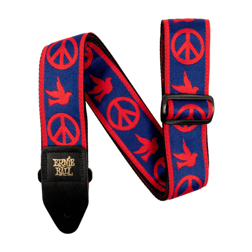 Vist Large View of Product Image Which is New Ernie Ball Classic Jacquard Guitar Strap/Bass Strap - Red & Blue Peace Love Dove