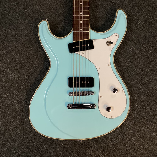 Vist Large View of Product Image Which is Used Eastwood SIDEJACK BARITONE STANDARD Offset Double Cutaway Electric Guitar Blue 6-String