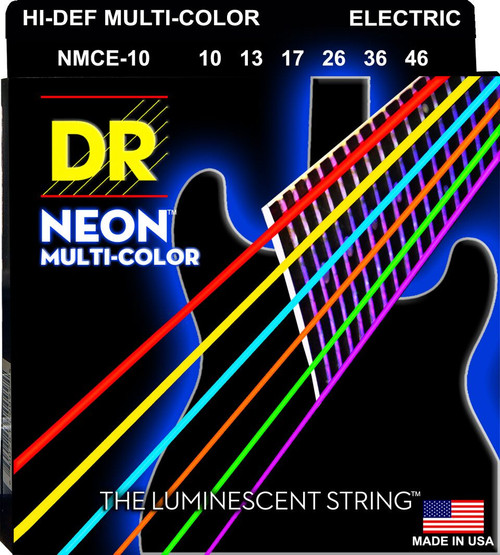 Vist Large View of Product Image Which is New DR NMCE-10 Hi-Def Neon Multi-Color K3 Coated Regular Light Electric Guitar Strings 10-46