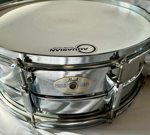 Vist Large View of Product Image Which is Used Pearl MIRROR CHROME STEEL SHELL Metal Snare Drum 14"