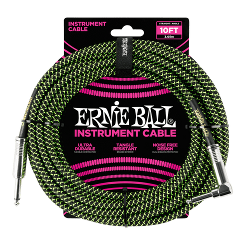 Vist Large View of Product Image Which is New Ernie Ball Braided Instrument Cable Straight/Angle 10ft - Black/Green