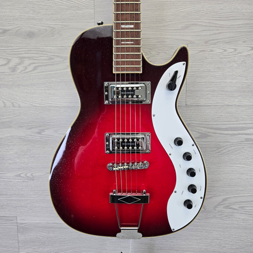 Vist Large View of Product Image Which is B-STOCK Silvertone 1423RSFB Solidbody Electric Red Silver Flake Burst