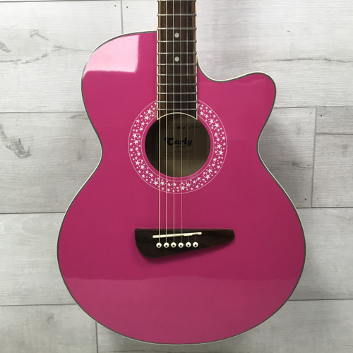 Vist Large View of Product Image Which is Used Carlo Robelli Carly Thinline Laminate Top Acoustic Guitar Pink
