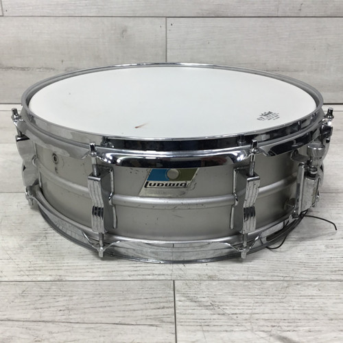Vist Large View of Product Image Which is Used Ludwig 14" Blue Olive Acrolite Pointy Badge Vintage Metal Snare Drum