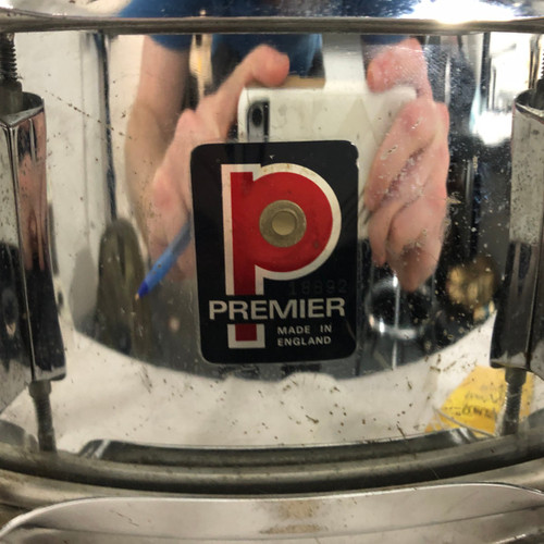 Vist Large View of Product Image Which is Used Premier MADE IN ENGLAND SNARE Vintage Metal Snare Drum 14"