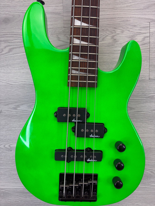 Vist Large View of Product Image Which is Used Jackson MINION JS1X CONCERT BASS NEON GREEN J Type Bass Guitar Green 4-String