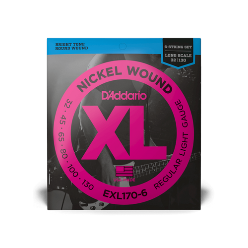 D'Addario EXL170-6 Regular Light Nickel Wound 6-string Long Scale Bass Strings - .032-.130 Vist Large View of Product Image Which is D'Addario EXL170-6 Regular Light Nickel Wound 6-string Long Scale Bass Strings - .032-.130