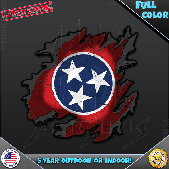 Tennessee Tristar State Flag Torn Rip Vinyl Decal Sticker 084